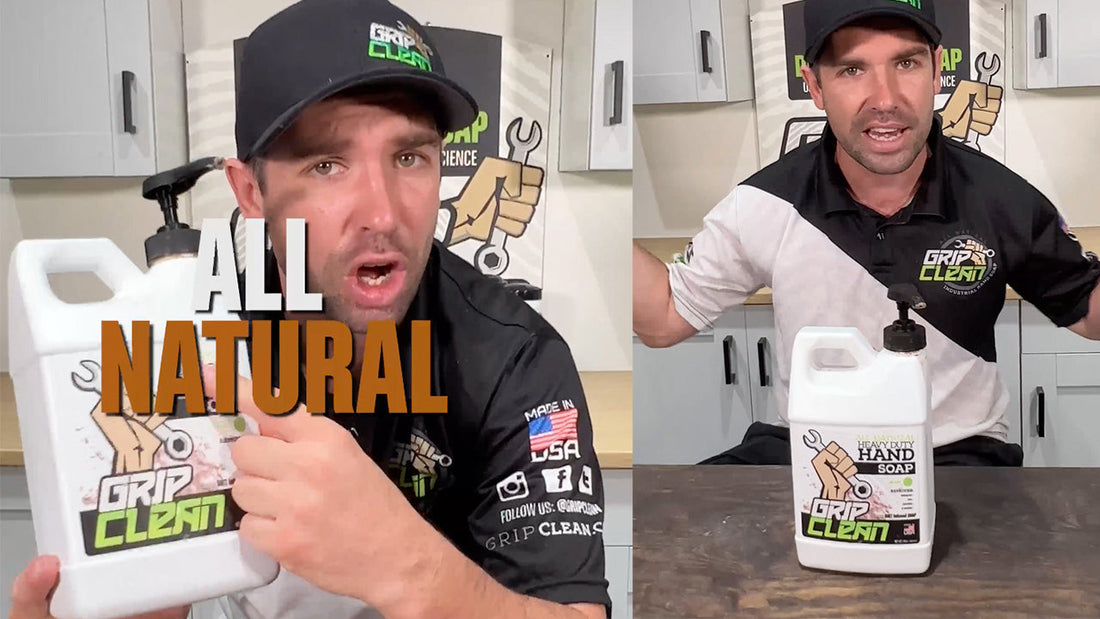 Tube of Grip Clean all-natural heavy-duty hand cleaner formulated with bentonite clay, coconut oil, and olive oil for tough grease removal.