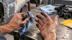 Mechanic's hands smeared with black bed liner coating and tan body filler, wiping with a blue shop towel at a workbench