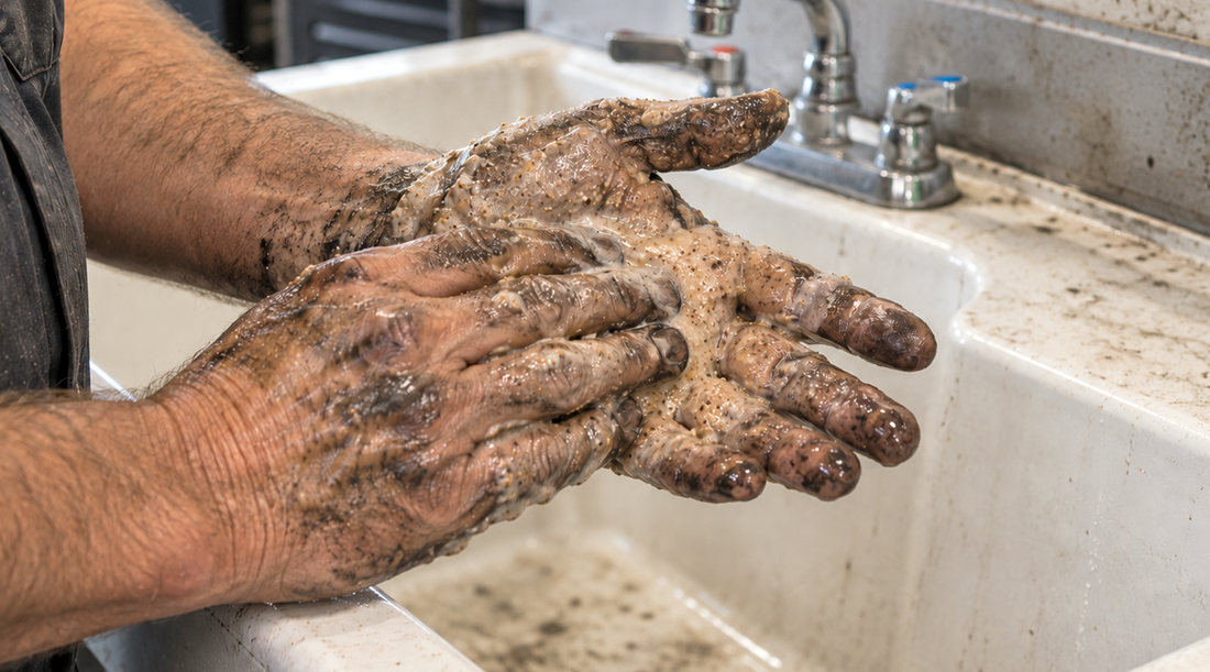 Close-up of a mechanic lathering gritty heavy duty hand cleaner over grease-covered hands at a shop sink