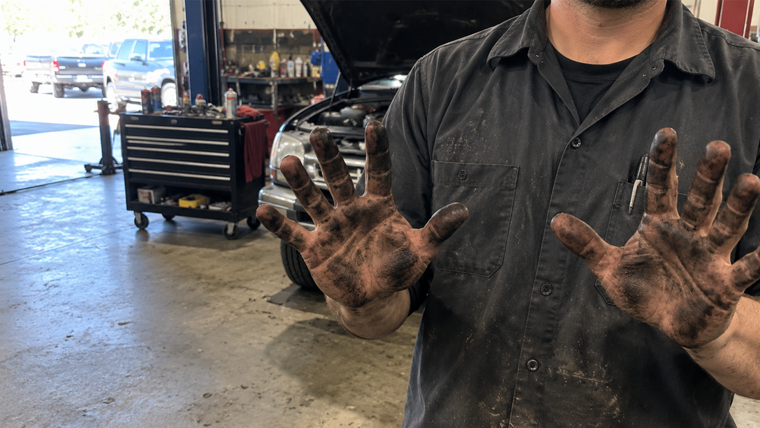 Mechanic holding up both palms covered in black grease in an auto repair shop with a truck on the lift behind him
