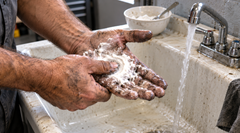 Mechanic scrubbing grease-covered hands with baking soda paste over a utility sink to help remove diesel residue and odor.