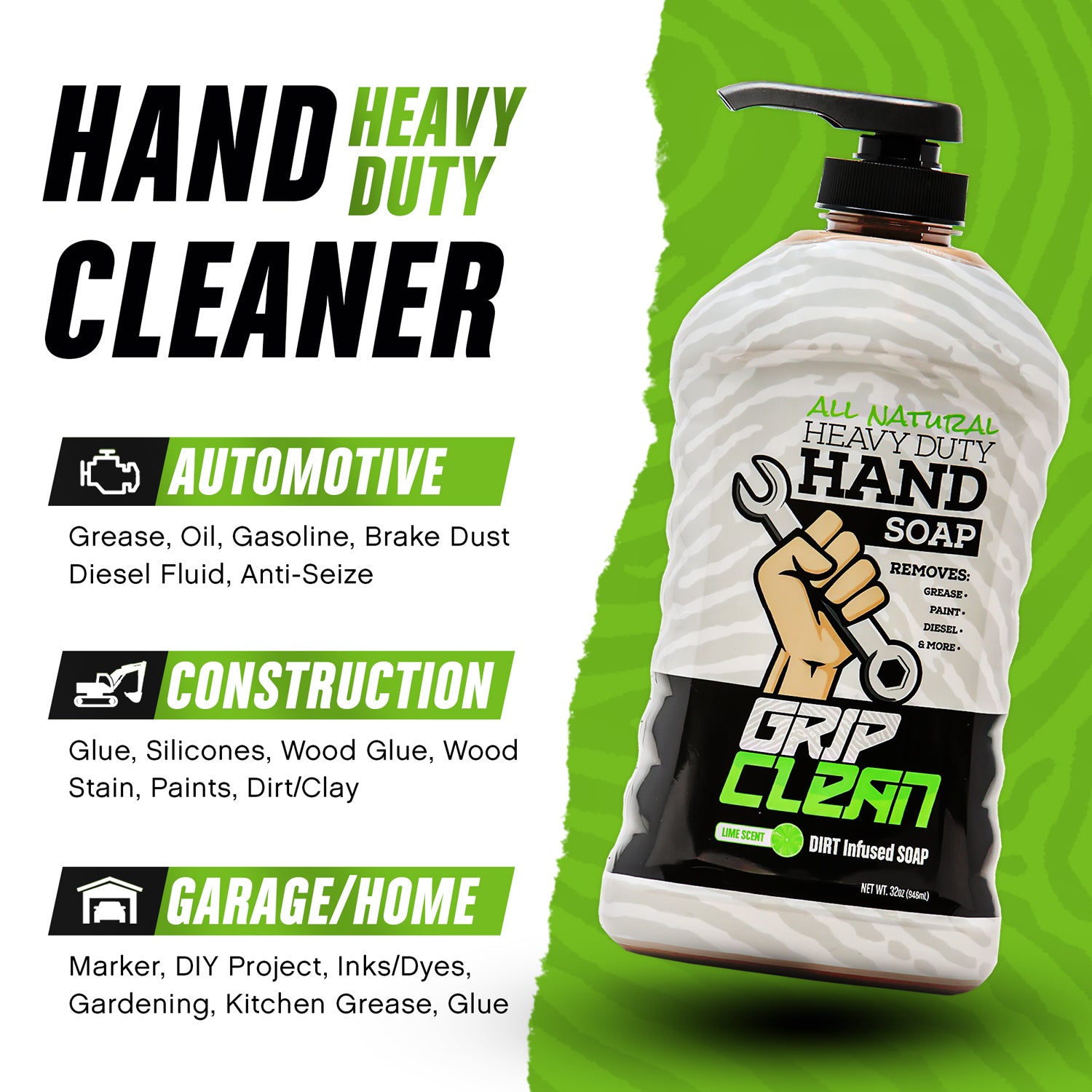 Grip Clean | Hand Cleaner for Auto Mechanics - Heavy Duty Pumice Soap, All Natur