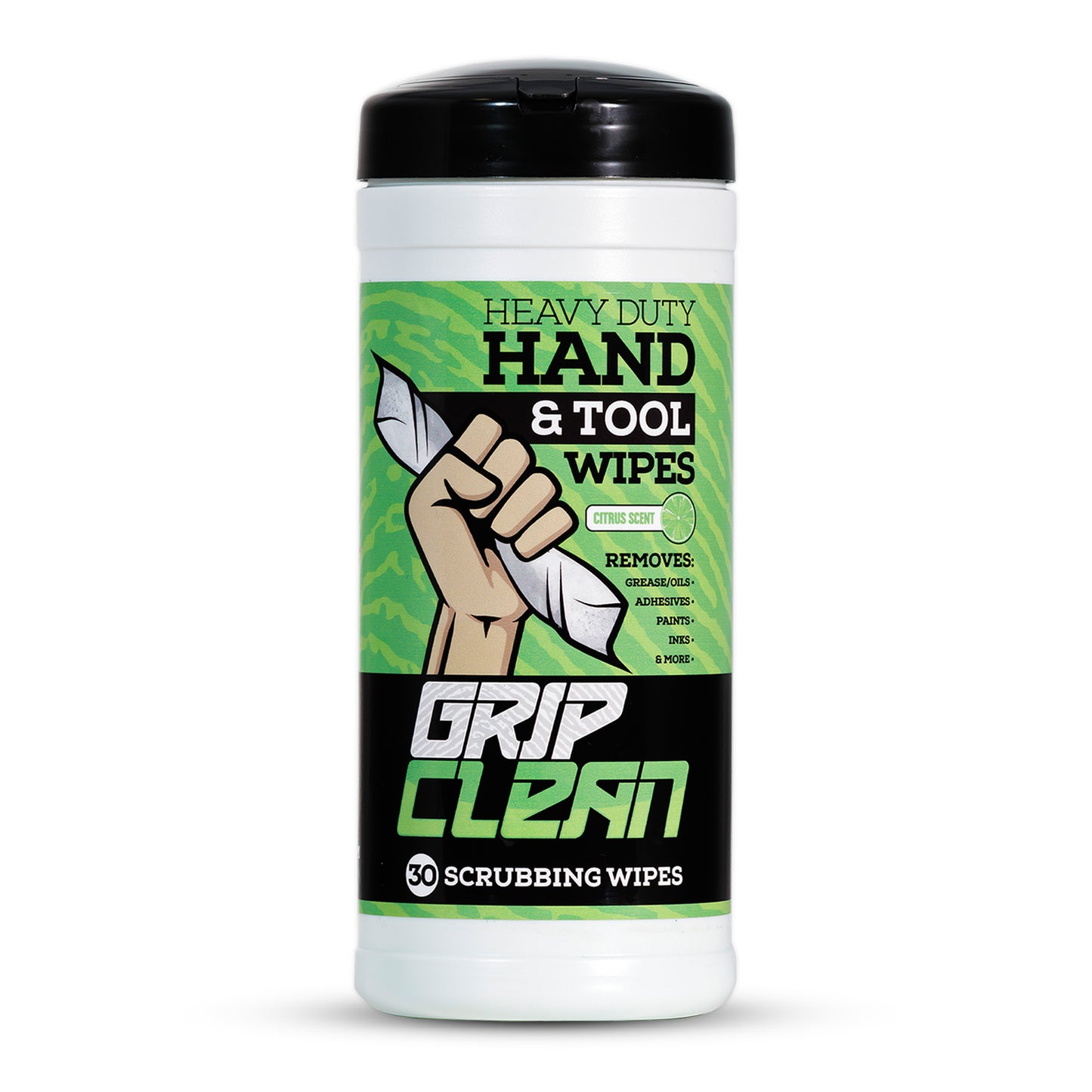 Container of Grip Clean heavy-duty hand and tool wipes on a white background