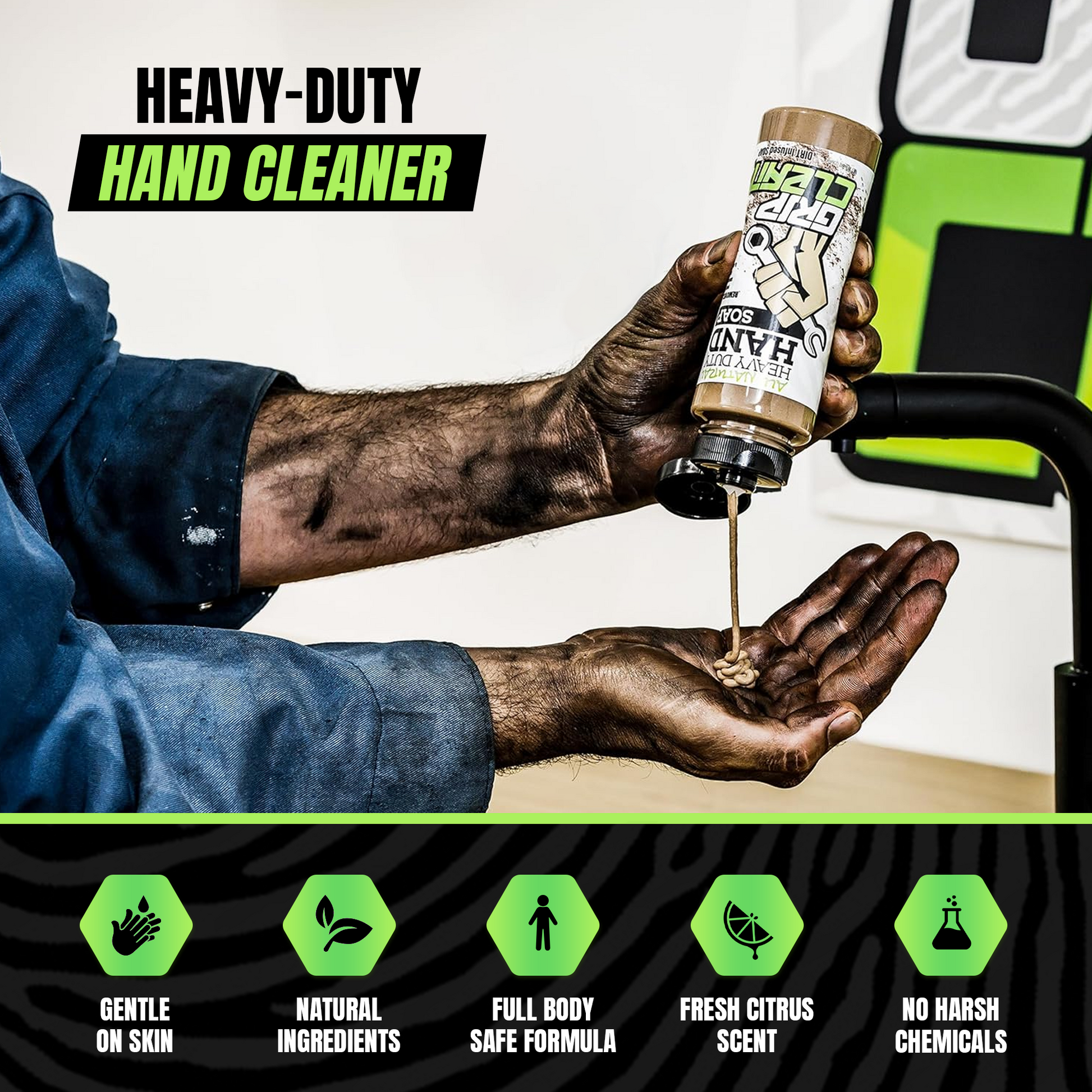 Hands washing with pumice hand soap to remove grease and grime
